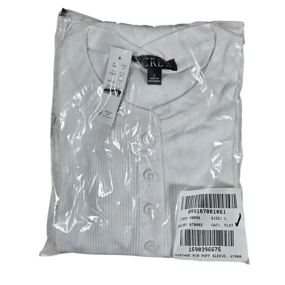 J. Crew Vintage rib puff-sleeve henley top L White BQ896‎